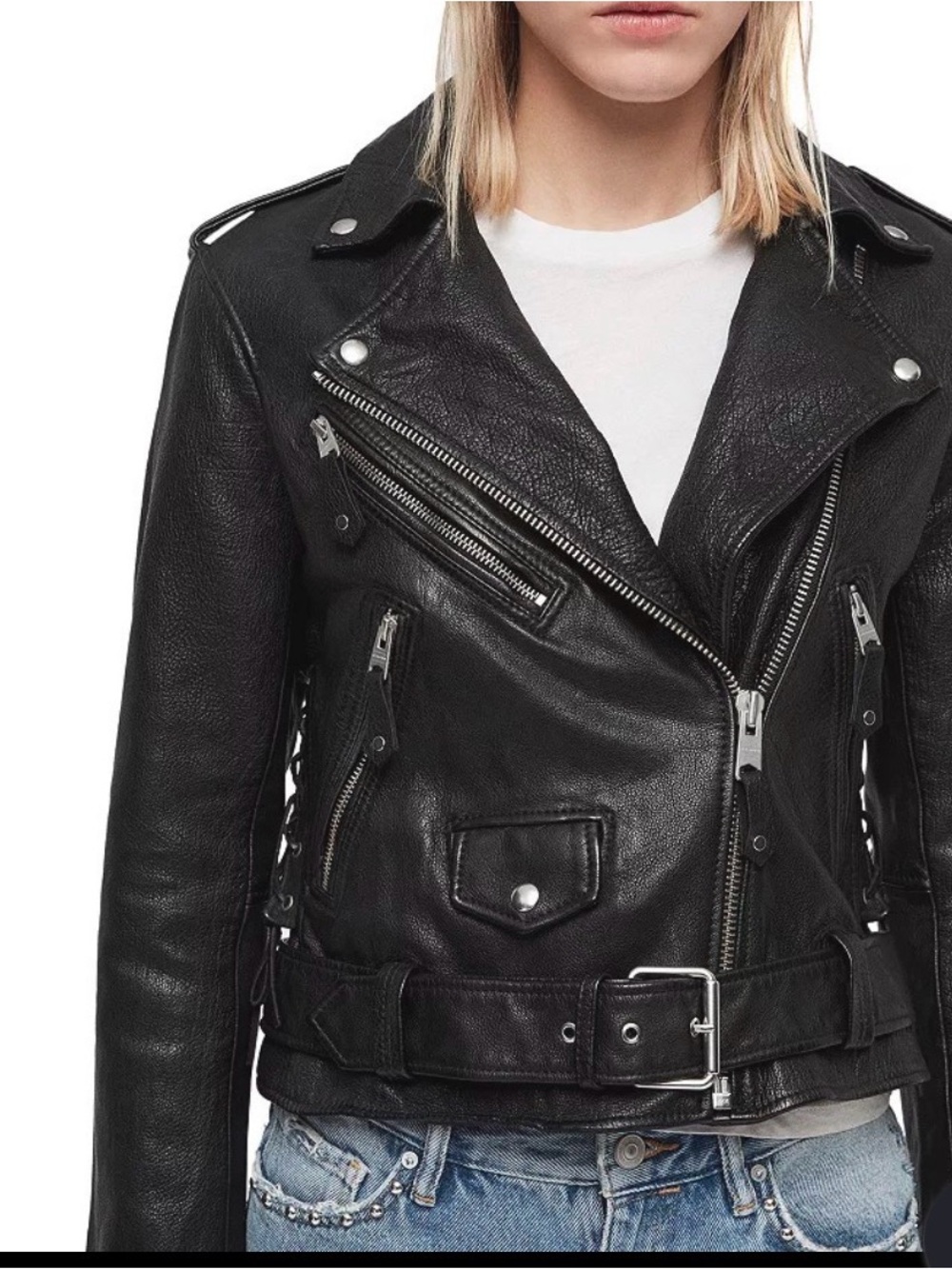 AllSaints Sarana Black Leather Moto Biker Jacket Womens Size 6 Lace Up Side